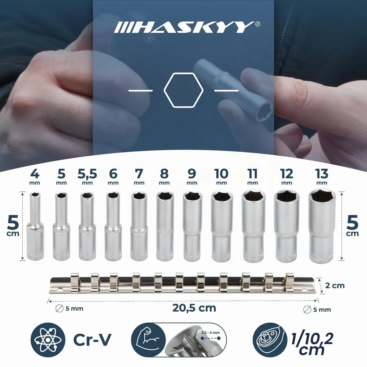 HASKYY Set di chiavi a bussola lunghe da 1/4", esagonali, 4 – 13 mm, set di dadi a 6 punti, Argento