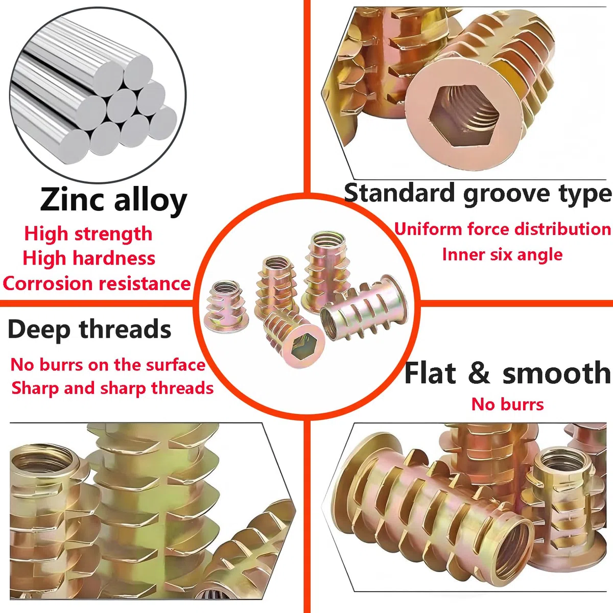 Qrity Dadi a Testa Esagonale Filettati in Lega di Zinco, 20 Pezzi M8 x 13mm Dadi con Inserto Filettato, Dadi Filettati per Legno per Mobili
