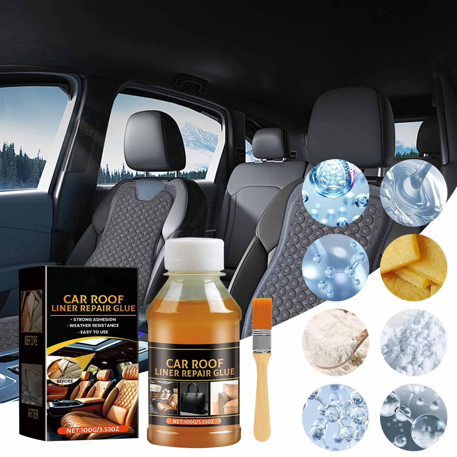 100 ml Headliner Repair Glue, Adesivo di Riparazione per il Cielo dell'auto,Colla per Riparazione del Cielo dell'Auto Adesivo Potente per Tessuto e Interno,per Tutti i Tipi di Pelle, con Pennello