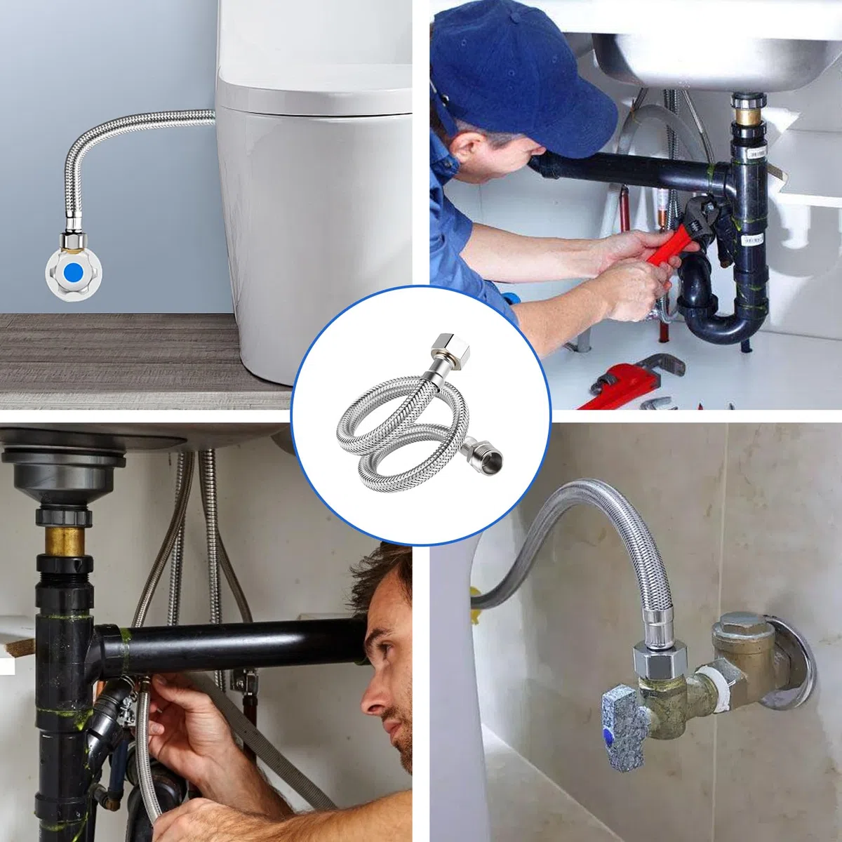 2 tubi flessibili da 3/8 pollici (60 cm: 30 + 30 cm), tubo corazzato in acciaio inox 304 con filettatura/filettatura esterna, flessibile per rubinetto, valvola angolare, cassetta di