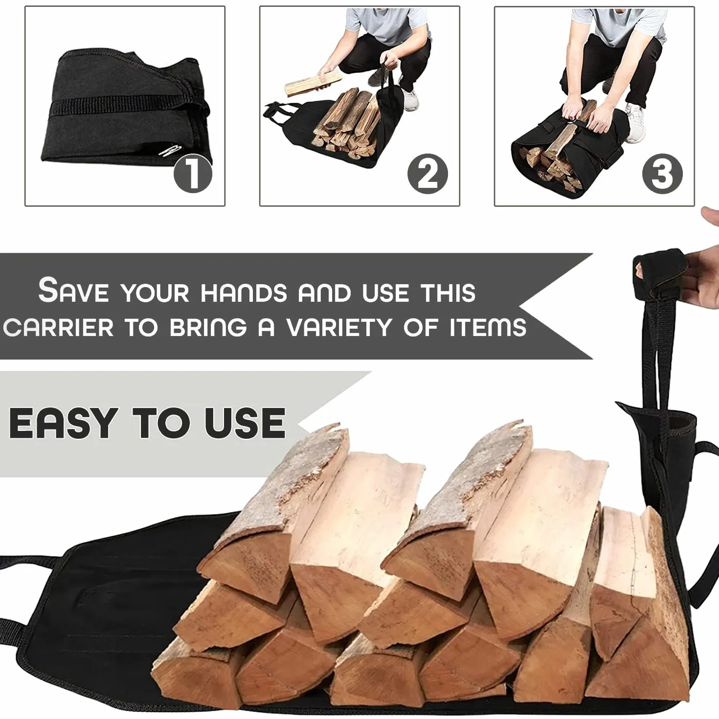 ZONSUSE Borsa per Legna da Ardere in Tela Impermeabile, Borsa Portatile per Legna, Sacca Pieghevole da Camino, Borsa porta Legna per Camino con Maniglie, per Stufe, Campeggio, Spiaggia (Nero)