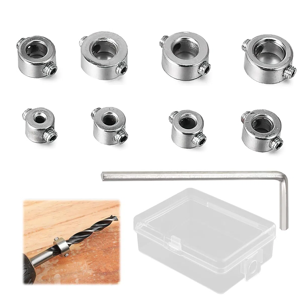 8PCS Stop di Profondità Trapano, Fermi di Profondità per Trapano in Acciaio Inossidabile con Chiave Esagonale, Controllo Preciso Della Profondità di Foratura (ID: 3-10mm)