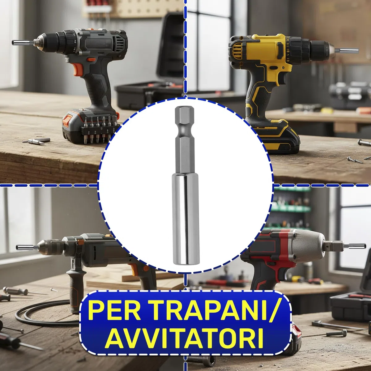 5 Pezzi Portainserti Magnetico 1/4" x 60 mm - Porta Inserti Universale per Trapano e Avvitatore - Realizzato in Alluminio e Acciaio al Cromo Vanadio - MONTERAL