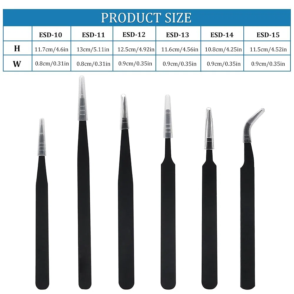 YIXISI 6 Pezzi Pinzette di Precisione ESD Kit, Pinzette Industriali Antistatiche in Acciaio Inossidabile, con Panni per La Pulizia, per Elettronica, Saldatura, Gioielli, Artigianato, Laboratorio