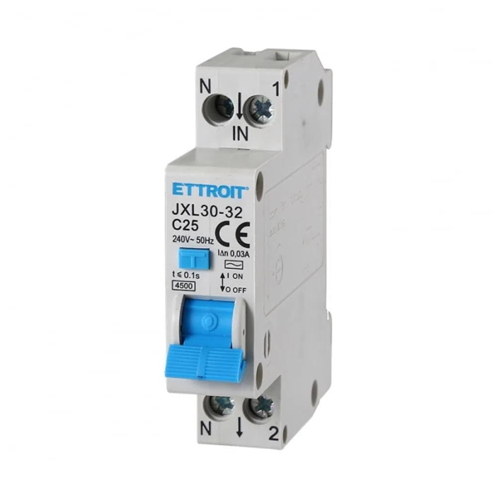 ETTROIT INTERRUTTORE MAGNETOTERMICO DIFFERENZIALE SALVAVITA PER BARRA DIN 1 MODULO 1P+N 25A C25 240V 30mA 4.5KA