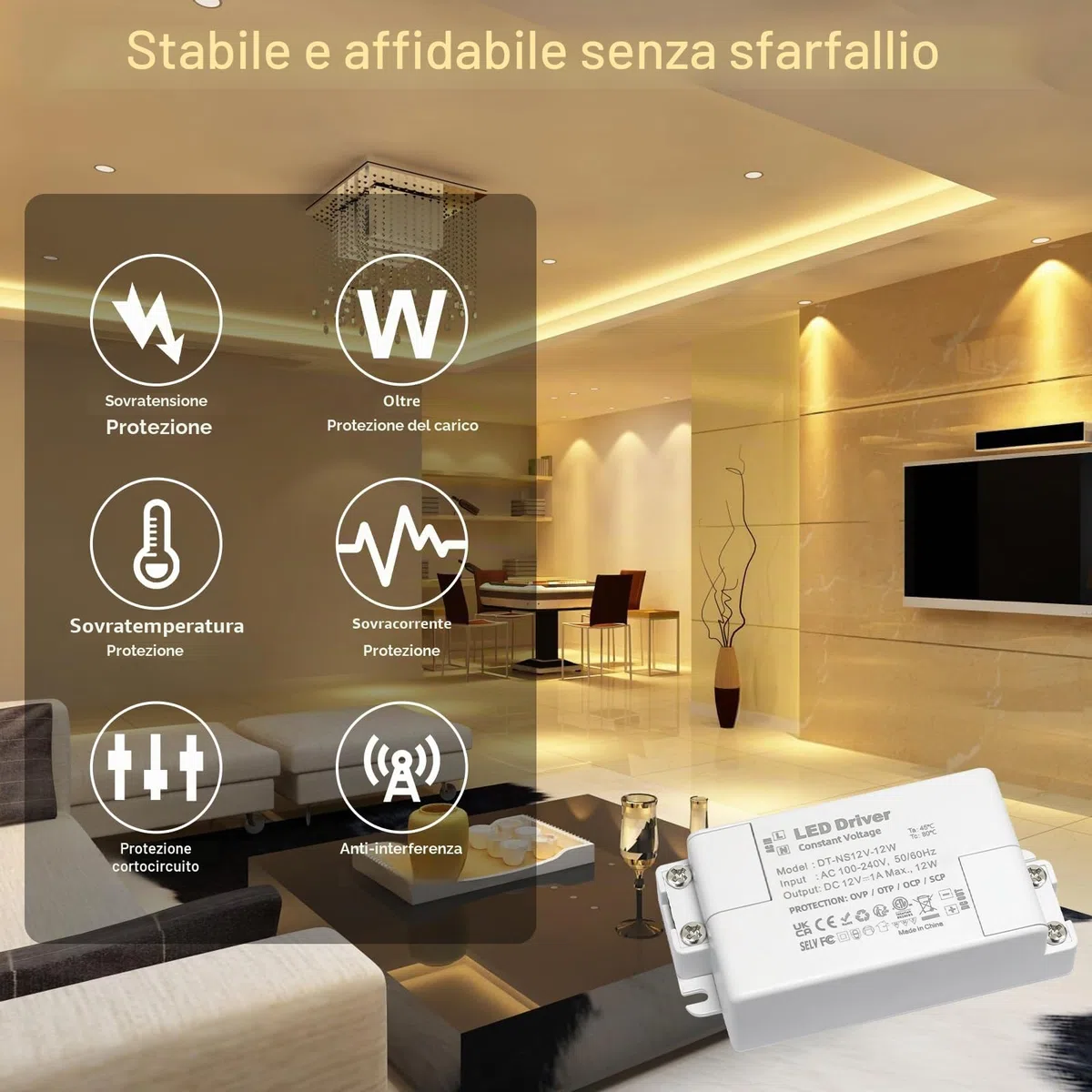 Trasformatore 220V 12v 12w, Alimentatore 12v 1 A, Trasformatore LED AC a DC, led driver 12 V, per G4, GU5.3, MR11, MR16, Lampade LED, Non dimmerabile, non sfarfallante, non rumoroso
