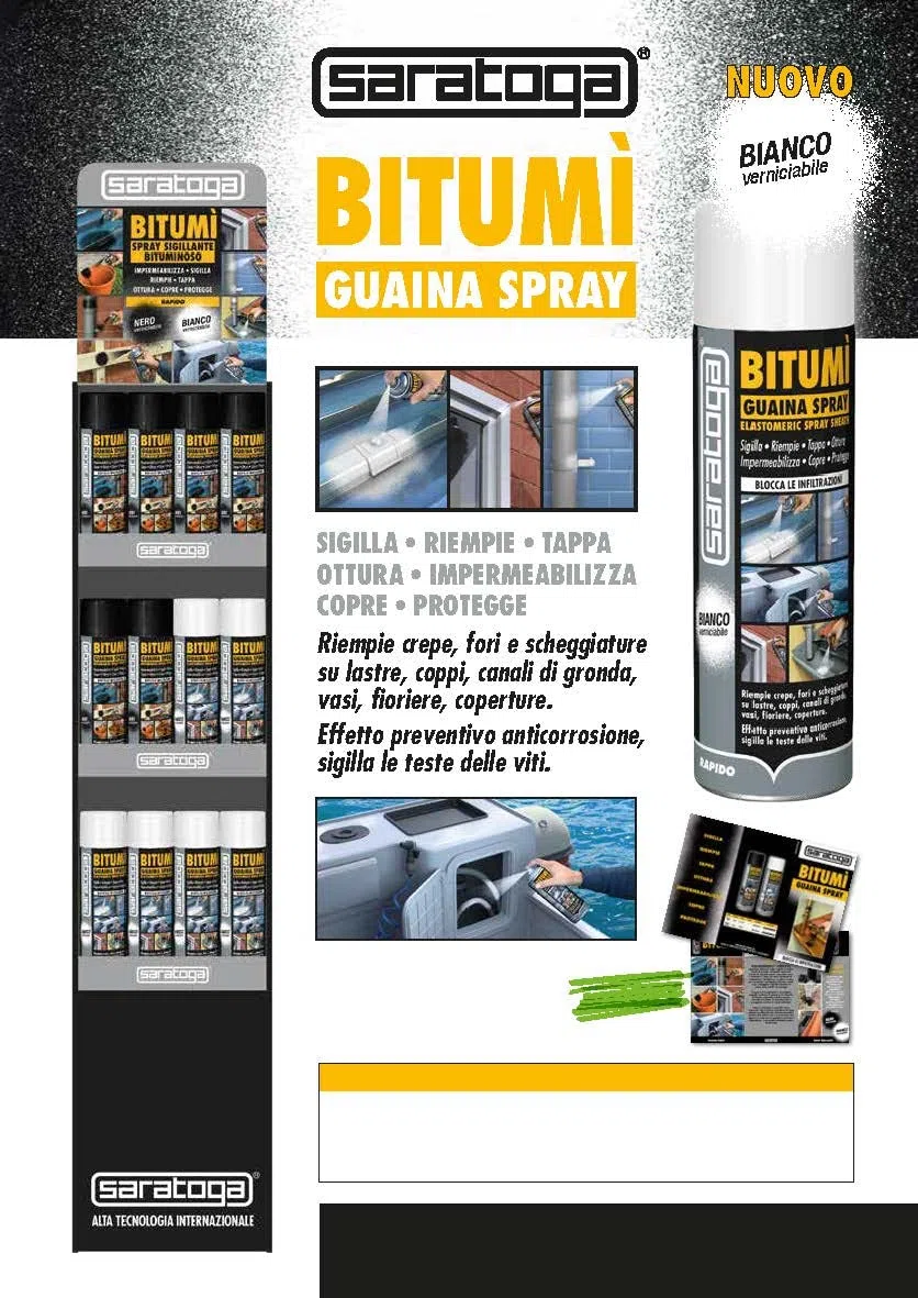 SARATOGA Bitumì Guaina Spray Bituminosa, Impermeabilizzante e Sigillante a Base di Bitume per Tetti, Grondaie, Terrazze e Fessure, Protezione Anti-Infiltrazioni, Asciugatura Rapida, Bianco, 500 ml
