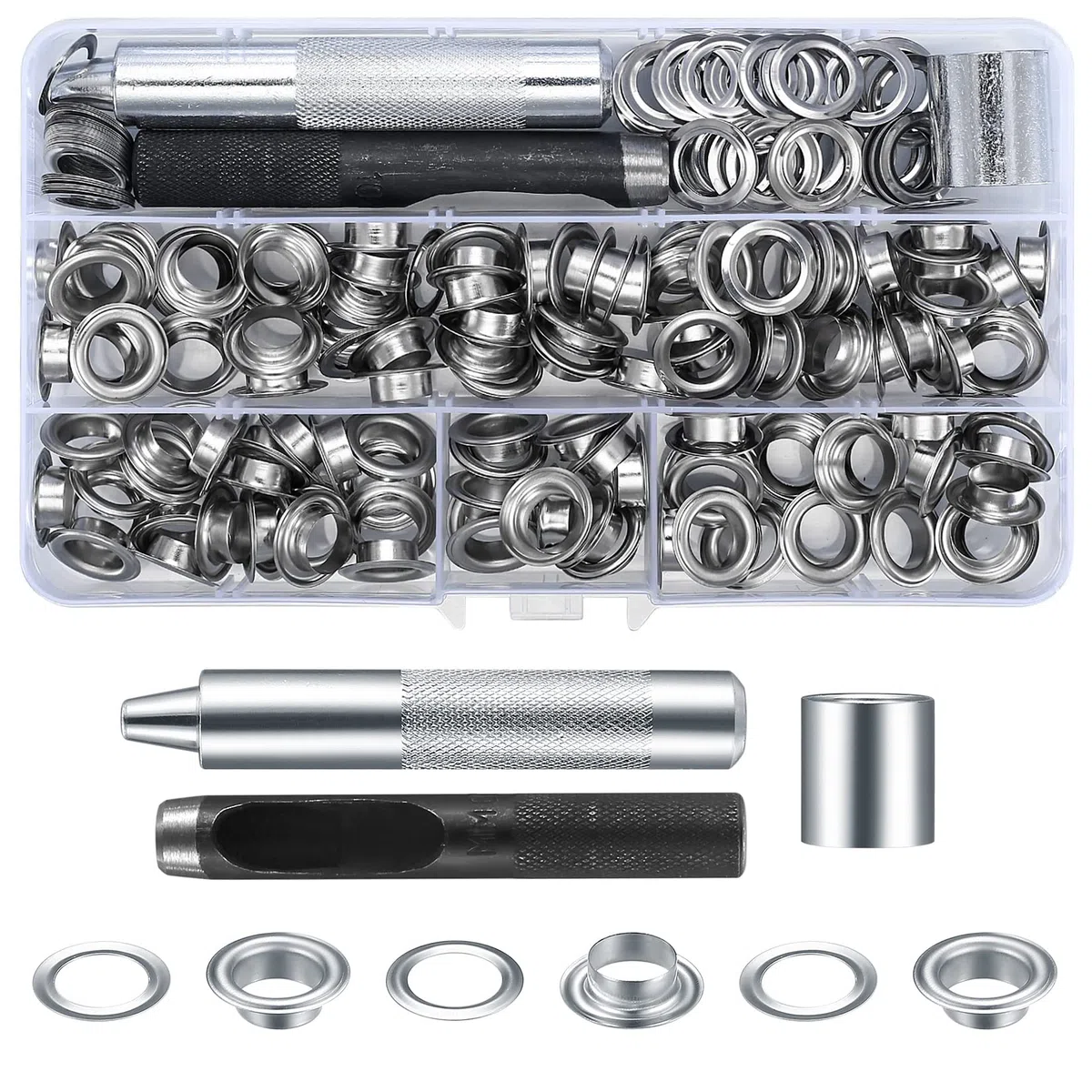 120 Kit Occhiello Passacavi Grommet Rondelle, Occhielli di Metallo Strumento Set, Occhiello Anelli Passacavo con Strumenti Installazione Kit per Telone Tessuto Tenda Fai da Te
