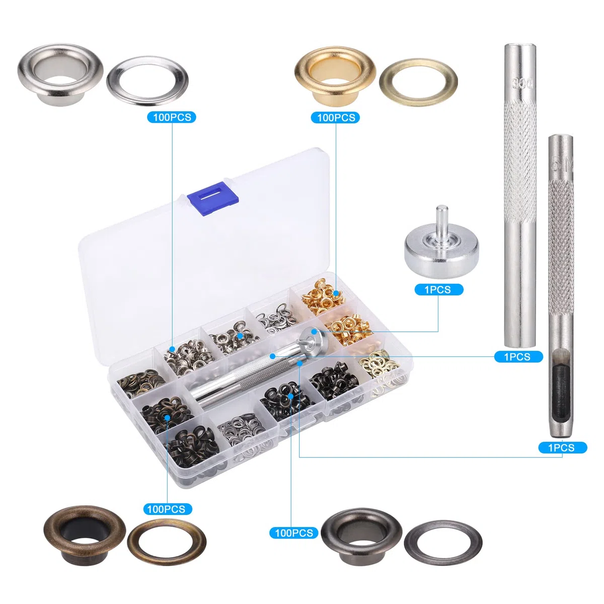 Zocipro 400Pcs Occhielli per Teloni, Occhiello Strumento con Strumenti di Installazione, Kit Occhielli Metallo per Tende Teloni Borse Scarpe Abbigliamento (Diametro interno 5 mm)