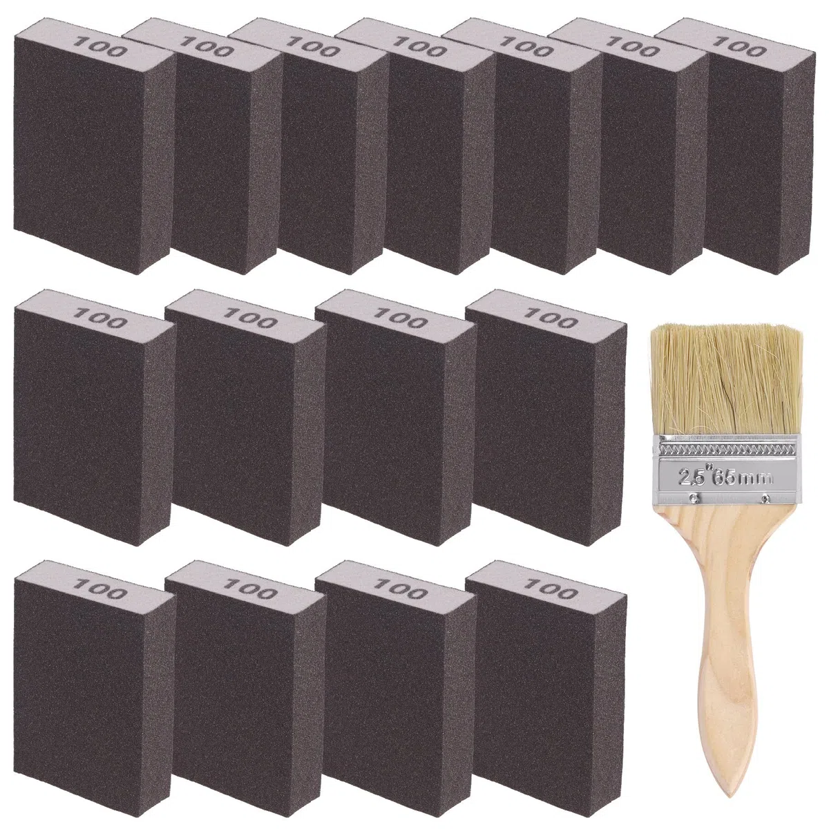 Glarks Kit di 16 spugne abrasive a grana 100, 15 pezzi, 10 x 7 x 2,5 cm, blocchi abrasivi lavabili e riutilizzabili e 1 pennello, ideali per la lavorazione del legno, la lucidatura dei metalli del