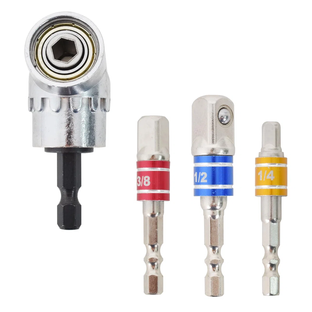 105 Gradi Adattatore Trapano Angolo Retto, 3 PCS Dattatore Esagonale 1/4" 3/8" 1/2", Cacciavite Angolare Adattatore, 1/4 pollici, per Avvitatore a Batteria, Trapano a Bussola (Argento)