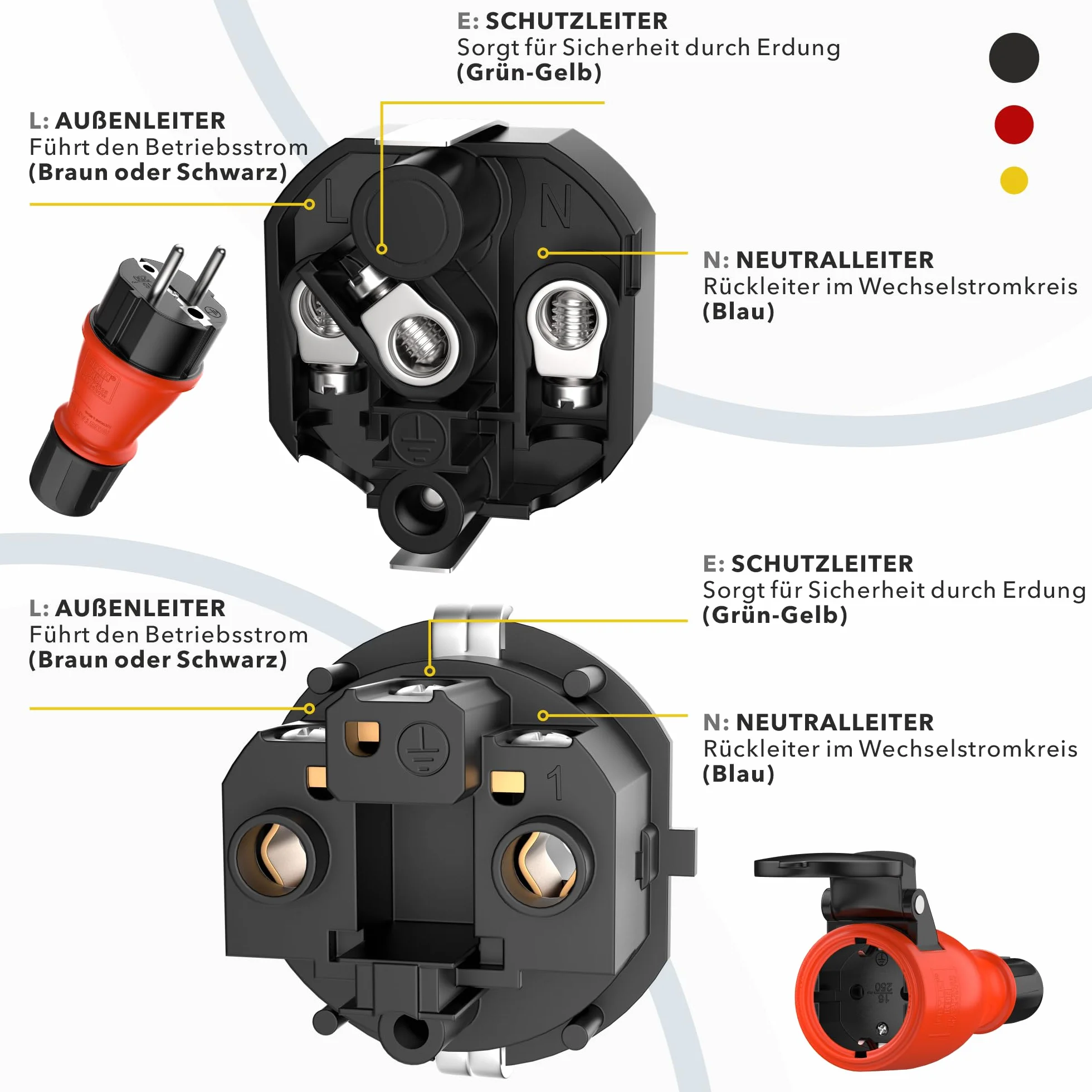 Set di spine e giunti in gomma Schuko / presa IP54 | Prolunga | gomma e plastica | per esterni / esterni | chiusura ermetica con sigillo, azionamento a una mano (Set, IP54)