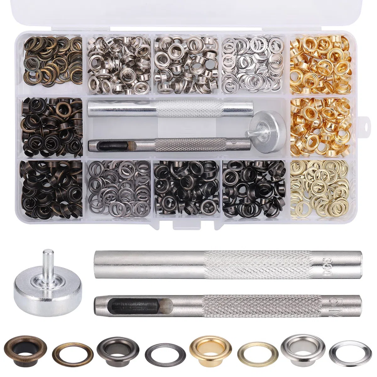 Zocipro 400Pcs Occhielli per Teloni, Occhiello Strumento con Strumenti di Installazione, Kit Occhielli Metallo per Tende Teloni Borse Scarpe Abbigliamento (Diametro interno 5 mm)
