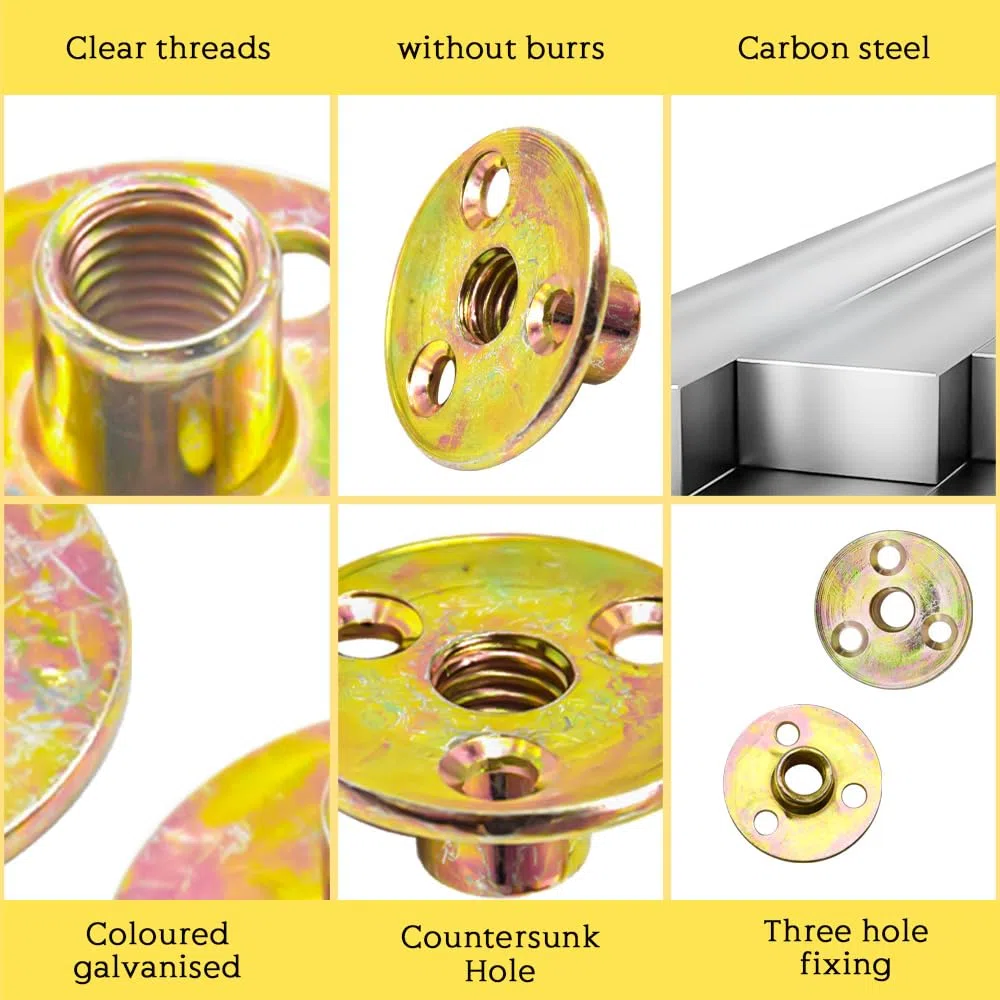 10 Pezzi 3 Fori Dado Flangiato,M10,Base rotonda T-Nut,Dado a T Con Foro Bavato,Round Base Screw-in T-Nut Per Fissaggio Mobili di Collegamento.(I/M10/TLM)