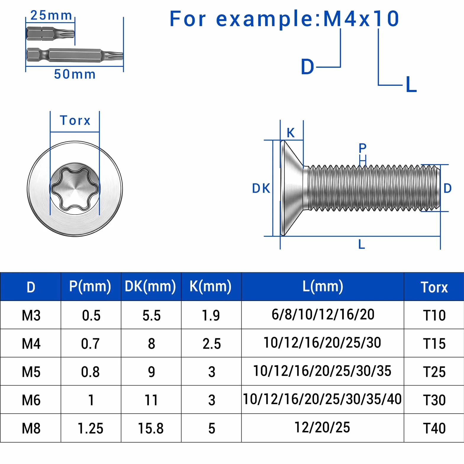 Viti a testa svasata Torx M6x16 mm, 25 pezzi Viti a testa svasata in acciaio inox A2 V2A, M6, filettatura completa metrica, inclusi 2 bit (25/50mm) per mobili, ingegneria meccanica e fai da te