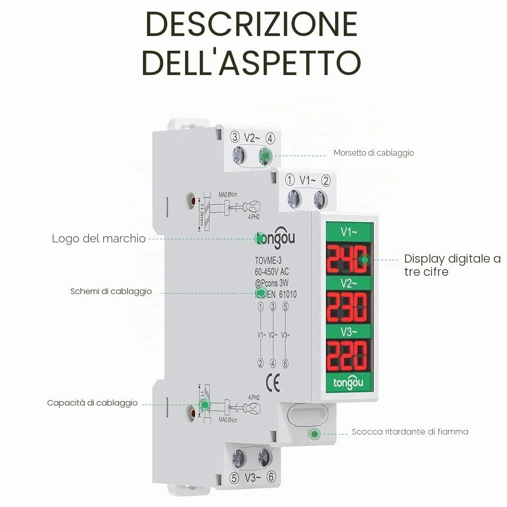 TONGOU - Mini misuratore di tensione modulare DIN Rail Mount trifase con display digitale a LED – Ac 60 – 450 V