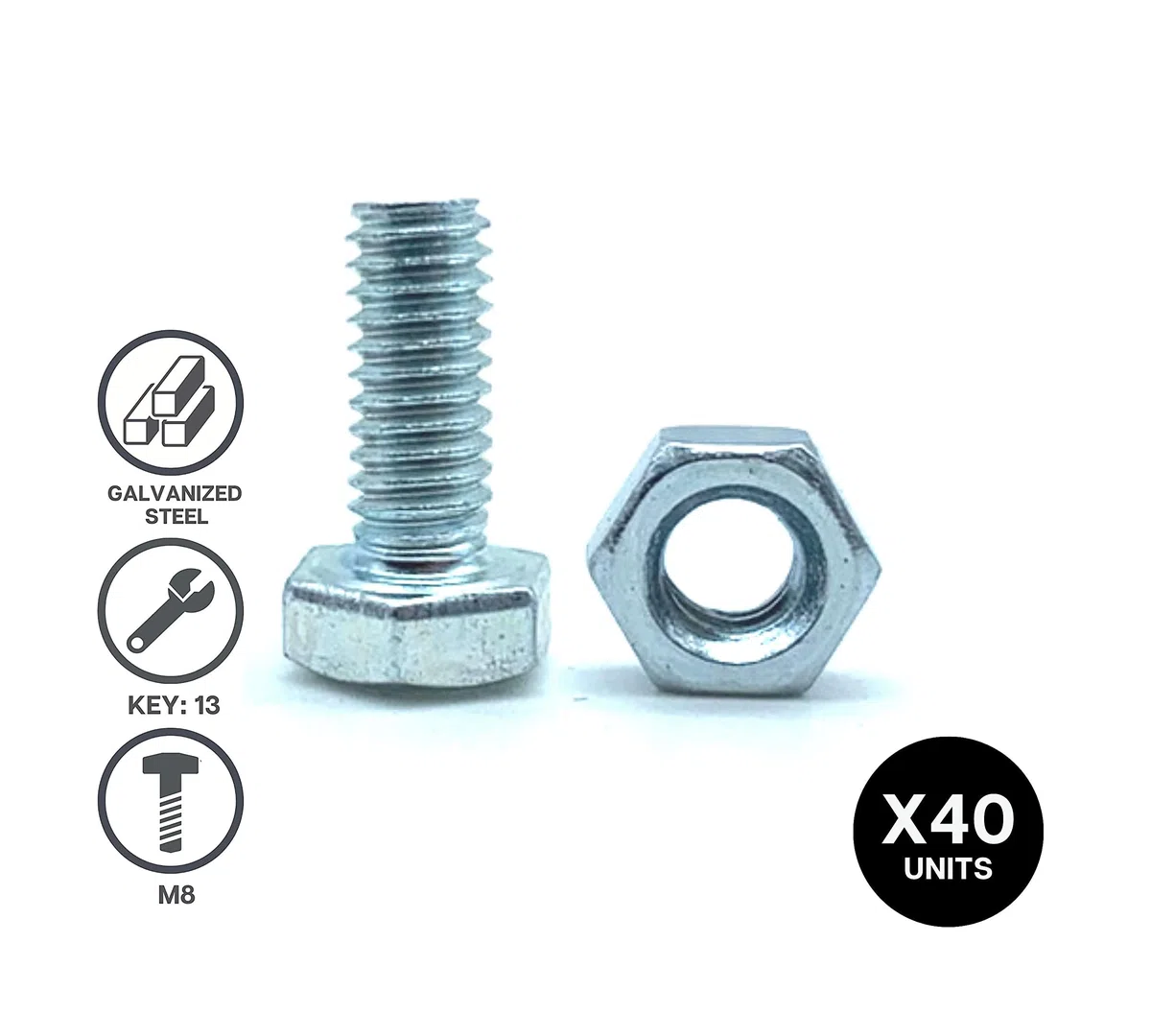 DOJA INDUSTRIAL | Viti e Dadi | 8 x 20mm | 40 Pezzi | Bulloni e Dadi con Testa Esagonale | Kit Fai da Te in Acciaio Zincato | Uso Domestico e Professionale (Falegnameria, Edile, Industriale, ecc)