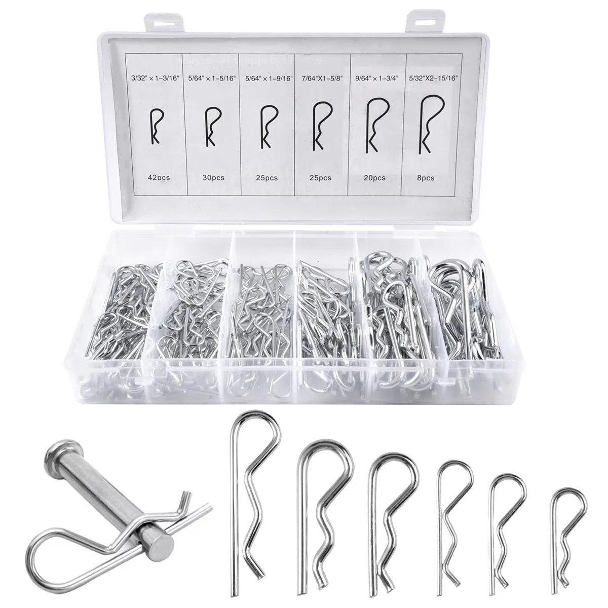 150 Pezzi Coppiglie Elastiche Acciaio per Molle, 6 Coppiglie R Clip Coppiglie a Molla con Scatola di Immagazzinaggio, R Clip Perni di Fissaggio in Acciaio Zincato, per Auto, Meccanica, Garage,Officina
