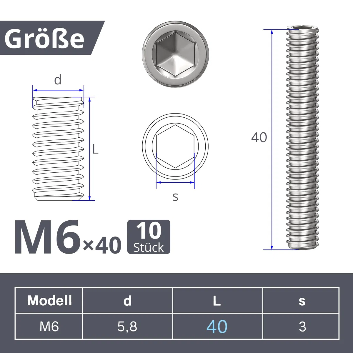 ORTAVA 10 viti senza testa, viti filettate M6 x 40 mm, DIN 913/ISO 4026 con esagono incassato (ISK) e tappo conico, vite senza testa in acciaio inox (argento)