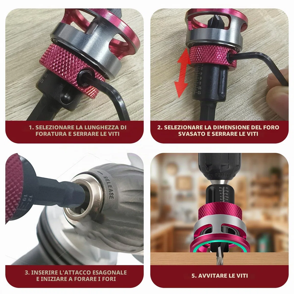 Set di 6 punte per svasatura conica, per legno con arresto di profondità, con attacco esagonale da 1/4", in HSS-M2, fori di precisione, per lavorazione del legno