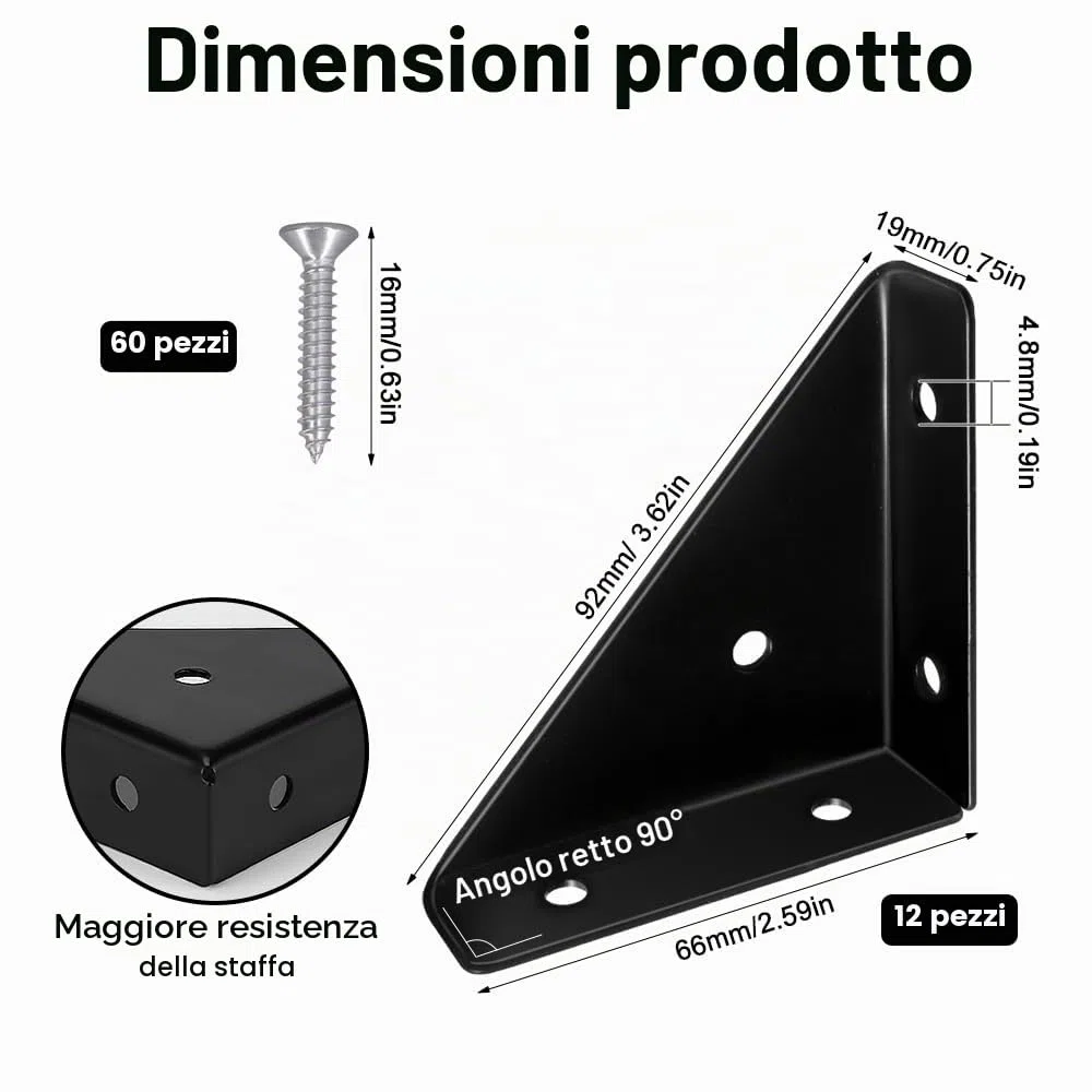 Squadrette Angolari di Supporto Triangolo, 12 pezzi Angolari Metallo per Legno, Staffe Angolari a 90 Gradi, Squadrette Angolari Nero, Staffa Angolare, Utilizzare per Stabilizzare Letti, Armadi