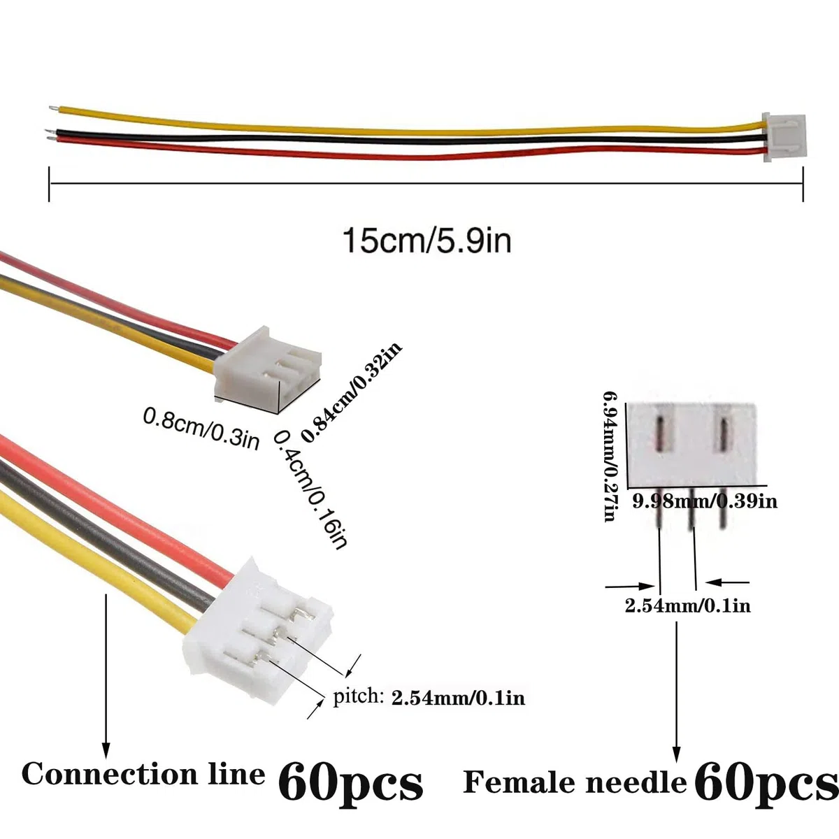 120pcs（60Pairs ）2.54mm JST 3 pin Micro Elettrico Spina Connettore ，150mm JST XH 3-Pin Plug Maschio a Femmina Cavo Cavo Elettrico Connettore