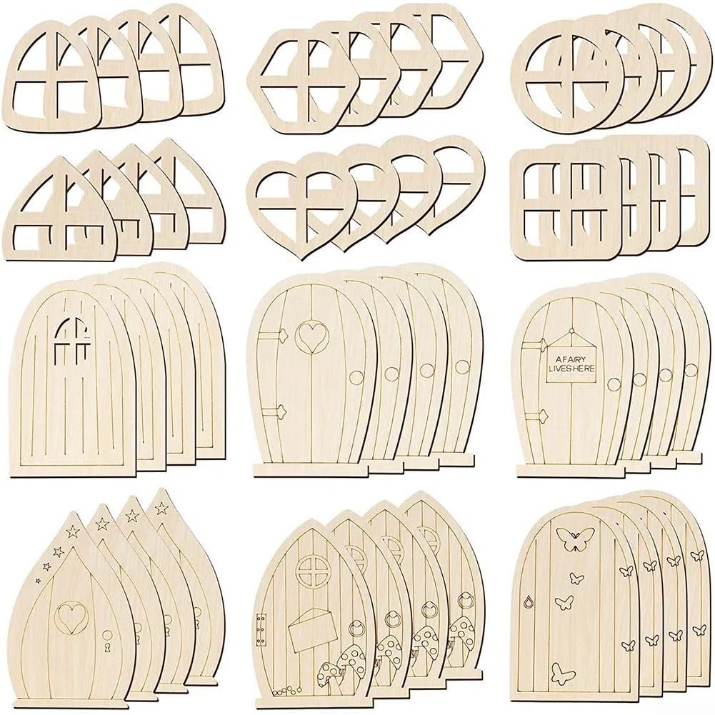 Set di 48 porte e finestre in miniatura in legno per progetti personalizzati (stile retrò)
