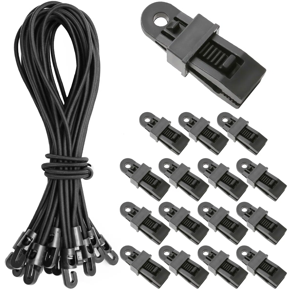 20 Corde Elastiche con Gancio, 25 cm Corda Elastica per Teloni + 20 Clips per Teloni, Elastici con Gancio – per Campeggio con Tenda, Ciclismo, Trasporto di Merci (Nero)