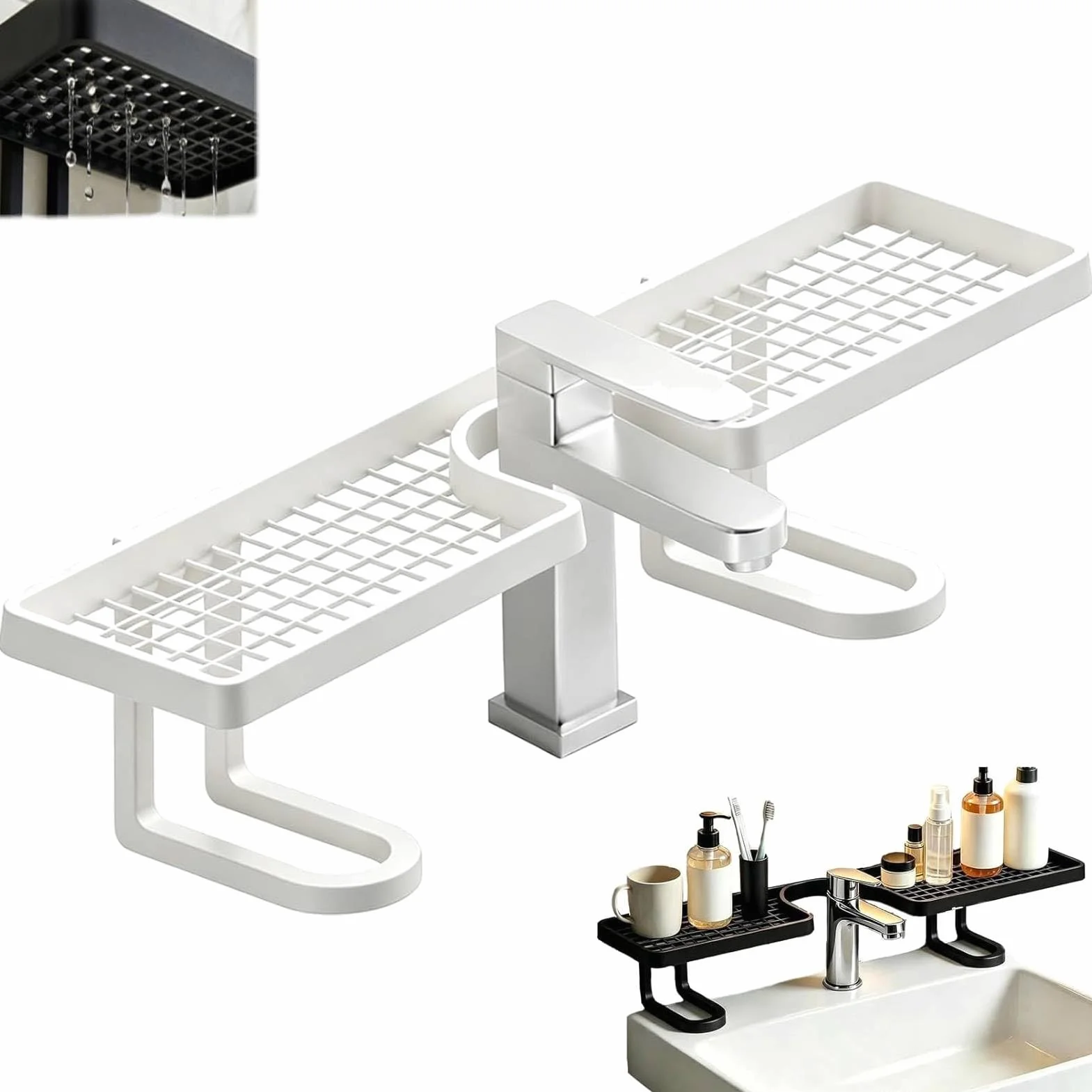 Dietro il rubinetto, organizer per lavello senza fori, organizer per lavello universale, rimovibile, a forma di U, per bagno, cucina, piano di lavoro (bianco)