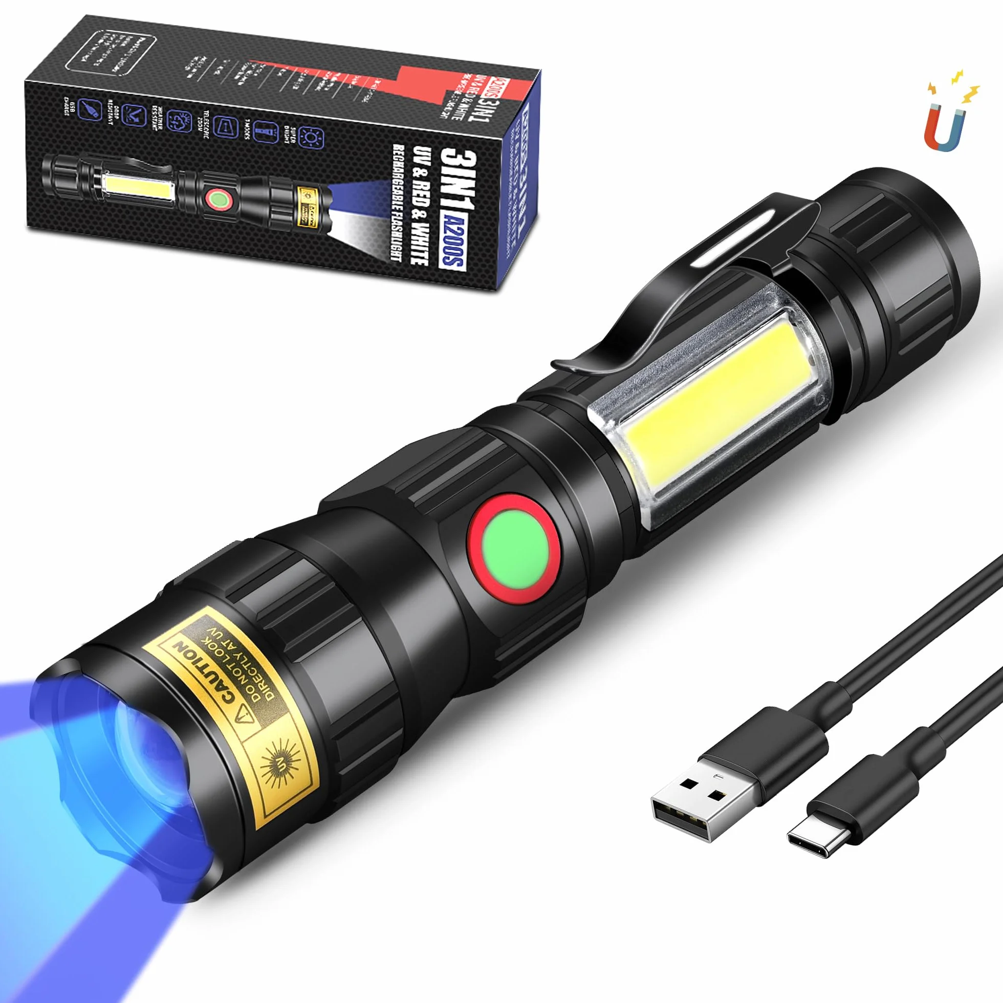 DARKBEAM 365nm UV Torcia elettrica a luce nera LED, 3-in-1 torcia ultravioletta USB-C ricaricabile, luce nera flash potente messa a fuoco per Pet Urine & Rock Detection, polimerizzazione resina