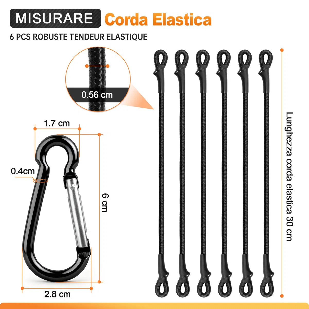6 Corde Elastiche con Moschettoni da 30 cm,Corde Elastico con Gancio.Tenditore con Ggancio.Cinghie di Sicurezza in Gomma per Legare Bagagli, Tende da Campeggio, Teloni, Bici e Trasporto