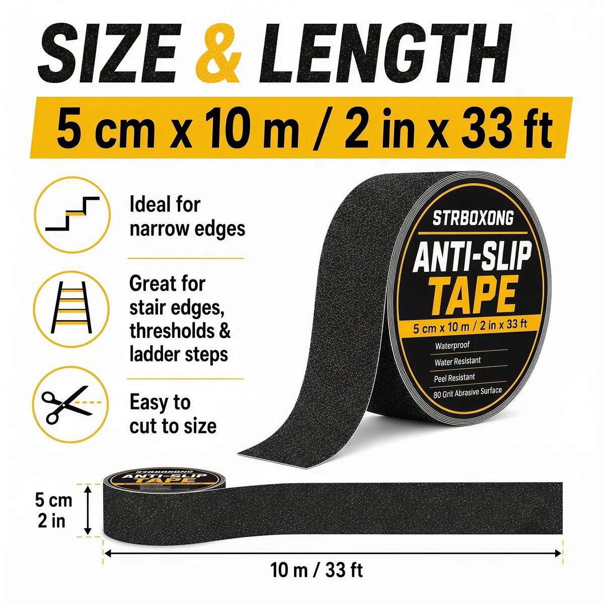 STRBOXONG Nastro Antiscivolo Nero 50mm x 10m, Strisce Adesive ad Alta Trazione per Scale Interne ed Esterne, Grip Tape Professionale Impermeabile per Gradini, Rampe, Marmo, Legno e Metallo, 1 Rotolo